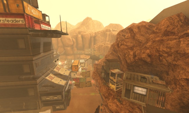 A dusty desert dystopic scene, with houses and store set into cliffs made out of sheet metal and old materials; a hanging line of sheets between a tall building and a rock face provides soemthing like a bridge; a general feeling of poverty brought on by forced isolation.