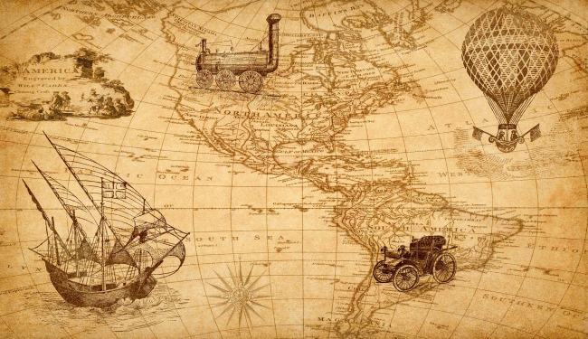 old map of north and south america, with icons drawn on top in a circle around the edge: a hot air baloon, a carriage, a three-masted ship, a ring of volcanoes, and a steam engine.